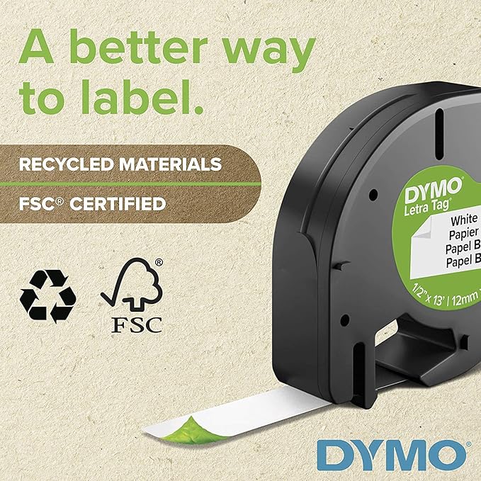 Dymo 10697 Self-Adhesive White Paper Labeling Tape for LetraTag, 2 Blister Packs (4 Refills), Black on White, 2 Count (Pack of 2)