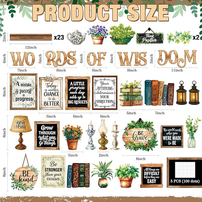 57 Pcs Vintage Plant Bulletin Board Set Inspirational Greenery Classroom Decoration Potted Plant Flower Cutout for School Office Chalkboard Door Wall Decor