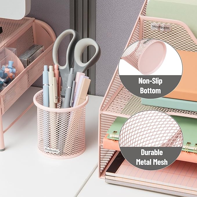 Mind Reader Pen and Accessories Holder, Desktop Organizer, Office, Metal Mesh, 3.5"L x 3.5"W x 3.75"H, Set of 3, Pink