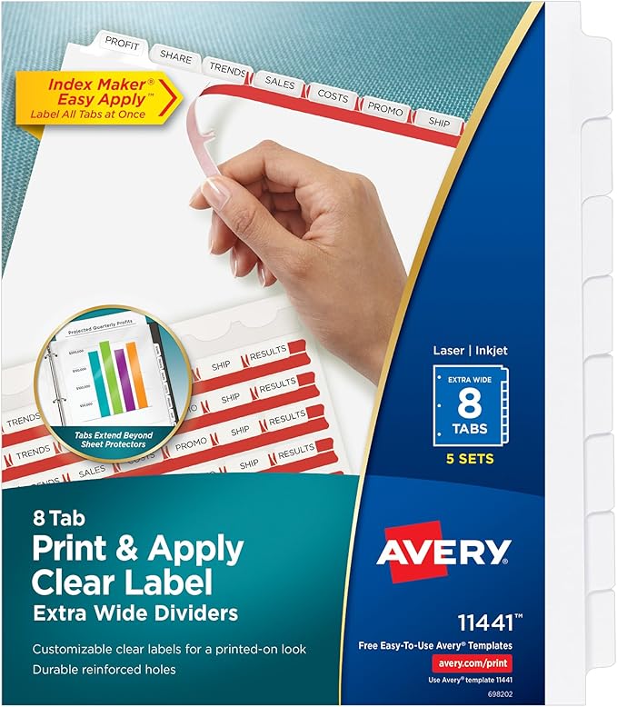 Avery 8-Tab Extra Wide Binder Dividers, Easy Print & Apply Clear Label Strip, Index Maker,White, 5 Sets (11441) (Pack of 10)