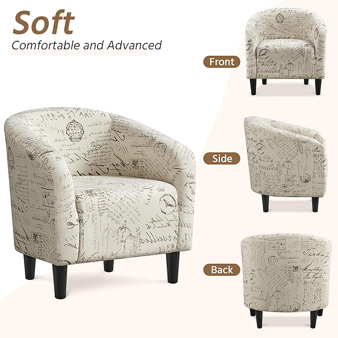 Yaheetech Accent Chair with Foot Rest, Mid Century Modern Upholstered Soft Barrel Chair, Comfy Fabric Armchair and Footrest Set for Living Room/Bedroom/Reading Room, Set of 2 Letter Print