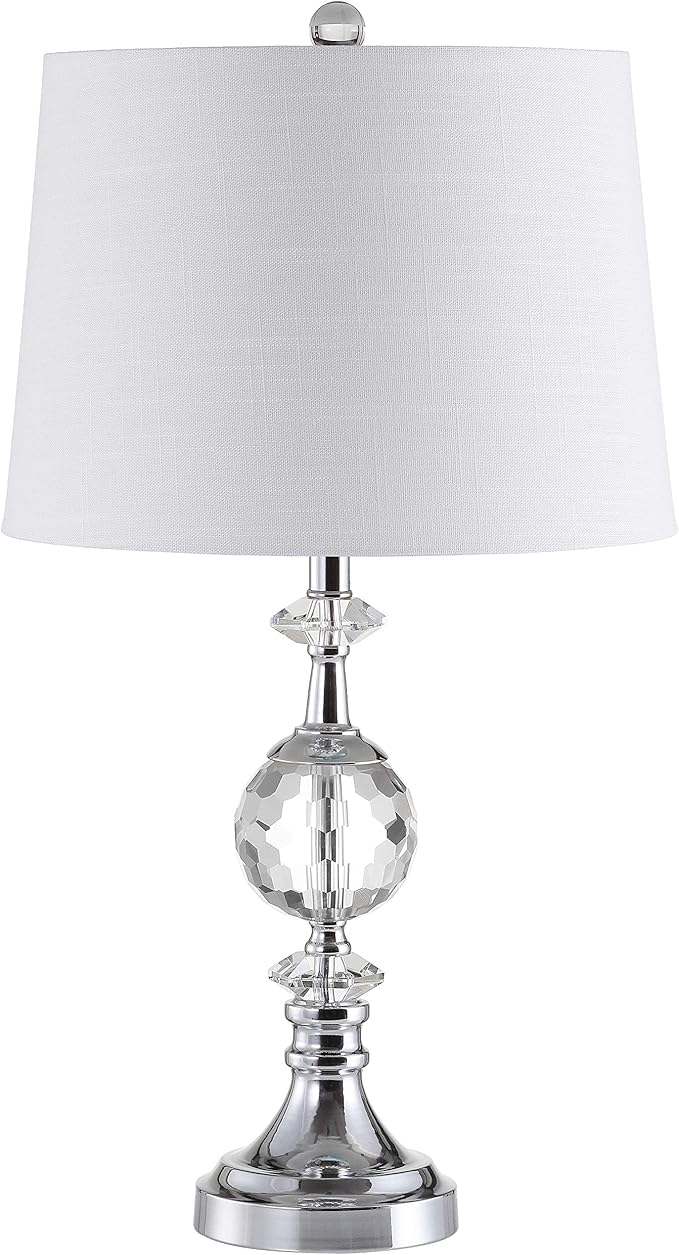 JONATHAN Y 25.5" Clear Crystal and Chrome Table Lamp, Glam Faceted Sphere Bedside Lamp with White Linen Drum Shade for Living Room, Bedroom, LED Bulb Included, UL Listed JYL5036A