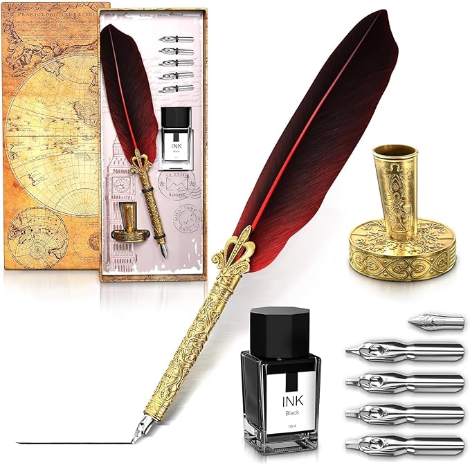 Classic Goose Feather Pen and Ink Set - Old Fashion Red Feather Quill Pen and Ink Set with Stainless Steel Nib for Calligraphy Practice, Drawing & Signatures - Thoughtful Writer Gifts