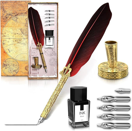 Classic Goose Feather Pen and Ink Set - Old Fashion Red Feather Quill Pen and Ink Set with Stainless Steel Nib for Calligraphy Practice, Drawing & Signatures - Thoughtful Writer Gifts