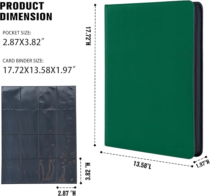 Card Binder 16 Pocket,Trading Card Binder Hold up to 1408 Cards with 44 Sleeves,Zipper Card Holder Album Compatible with TCG Card/Game Cards/Sports Card-Green