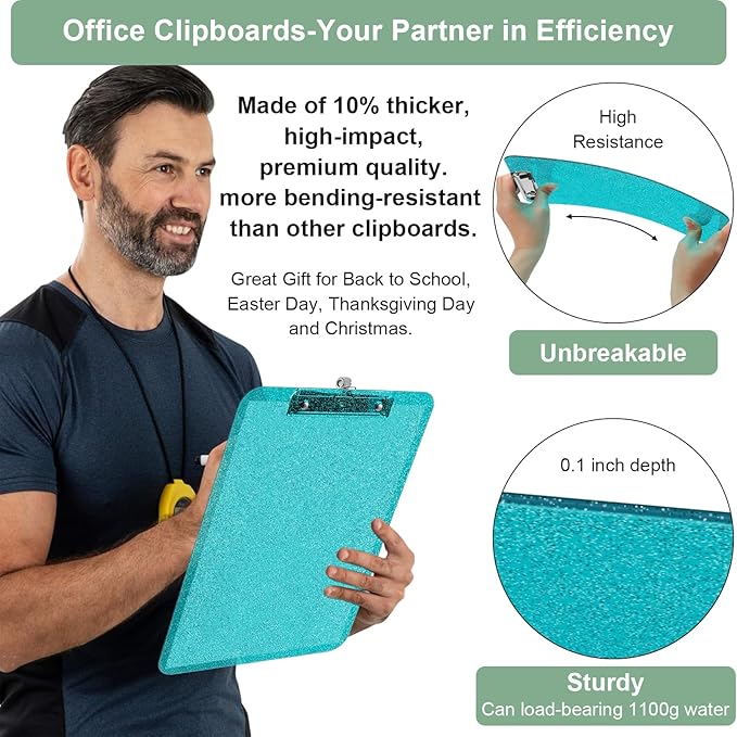 1 Pcs Clear Glitter Clipboards, Plastic Clipboard with Pen Holder,Size 8.85 x 12.4 in Shiny Clipboards with Low Profile Clip, Cute Hanging Clipboard for Office School Supplies Sparkly Clip board-Green