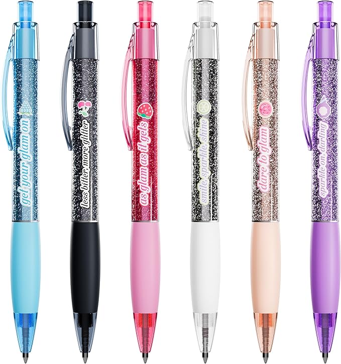 Glitter Glam Smens - Patented Gourmet Scented Black Glitter Gel Ink Pens, Medium Point, 6 Count - Fun, Cute, Cool, Smelly Pens for Kids