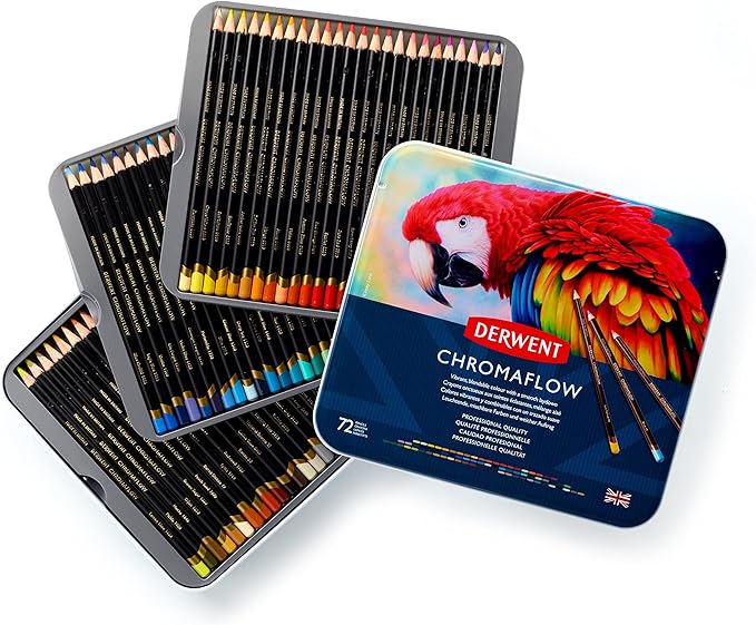 Derwent Chromaflow Colored Pencils Tin, Set of 72, Great for Holiday Gifts, 4mm Wide Core, Multicolor, Smooth Texture, Art Supplies for Drawing, Blending, Sketching, Professional Quality (2306014)