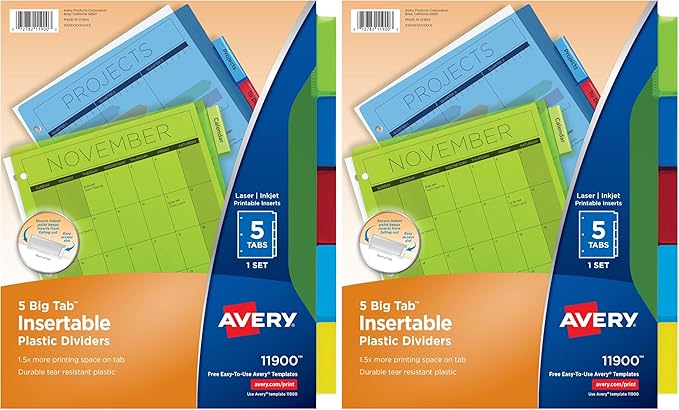 Avery Dividers for 3 Ring Binders, 5-Tab Binder Dividers, Plastic Binder Dividers, Insertable Big Tabs, Multicolor, 1 Set (11900) (Pack of 2)
