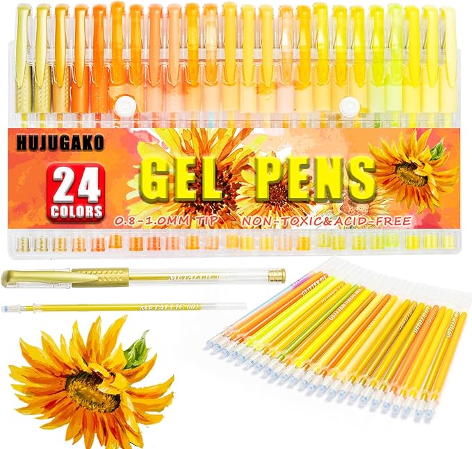 48 Pack Yellow Orange Gel Pens, 24 Colored Gel Pen with 24 Refills,40% More Ink Write Smooth for Adults Coloring Books Drawing Doodling Scrapbooks Bullet Journaling