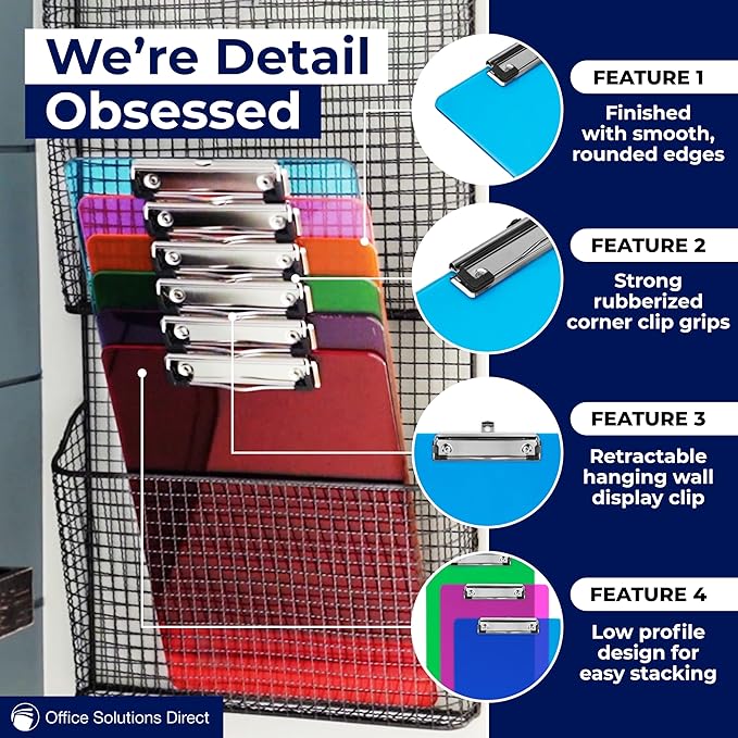 Plastic Clipboards with Low Profile Clip Set of 6-12.5 x 9 Inch Multi Color Plastic Clipboards Bulk - Clear Clip Boards Bulk Classroom - Holds 100 Sheets, Acrylic Clipboard Clear (12 Pack)