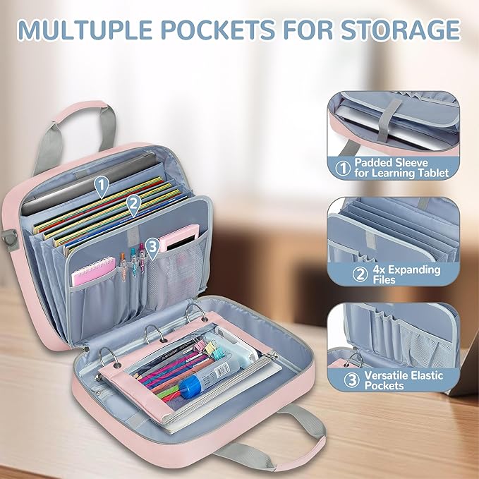 Yarwo 3 Ring Zipper Binder with Binder Pouch, Expanding File Organizer with Padded Sleeve Fit for 14 Inch Laptop, Portable Document Organizer Bag for Home, College, Office Supplies, Pink