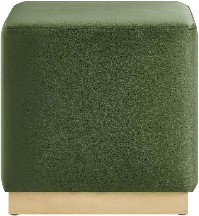 Modway Tilden 17 Inch Square Performance Velvet Upholstered Ottoman in Moss Green Natural - Small Ottoman Foot Rest with Rubberwood Plinth Base - Living Room Ottoman Side Table,