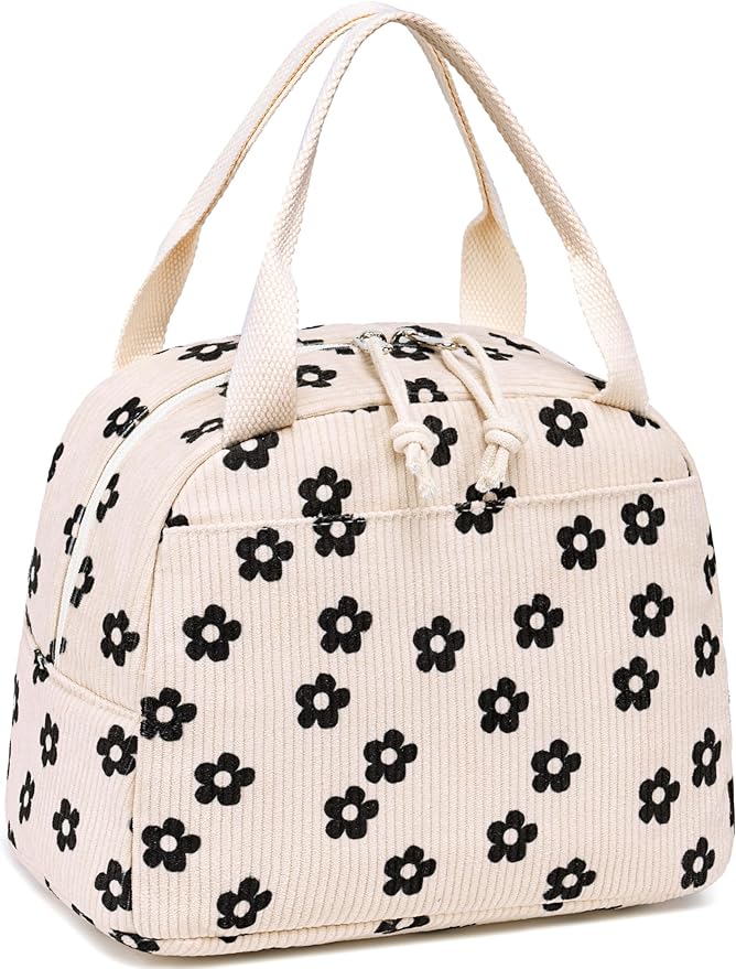 LEDAOU Lunch Box for Women Insulated Lunch Bag Corduroy Lunch Tote Bags Leakproof Cooler Lunch Case for Travel Work Picnic (Black Floral)