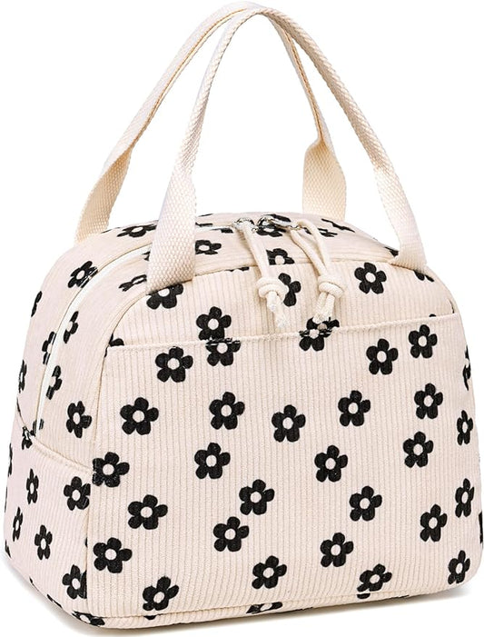 LEDAOU Lunch Box for Women Insulated Lunch Bag Corduroy Lunch Tote Bags Leakproof Cooler Lunch Case for Travel Work Picnic (Black Floral)