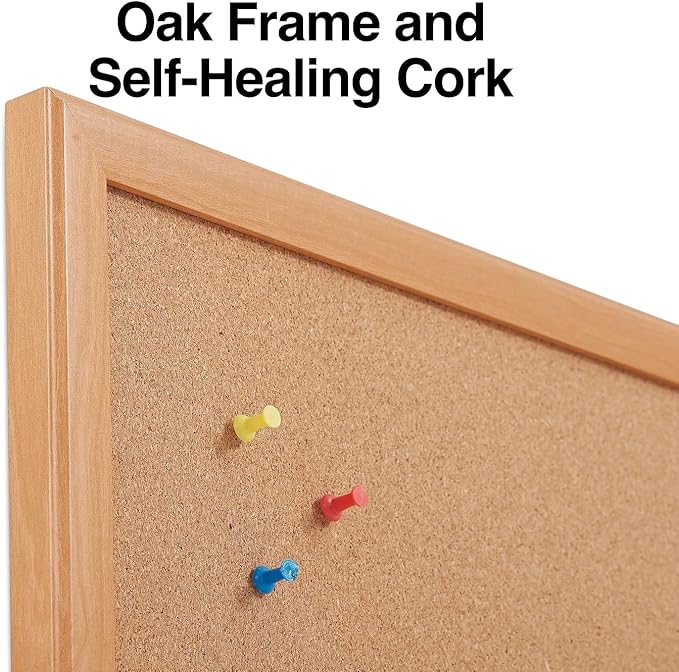 Staples Standard Cork Bulletin Board with Oak Finish Frame, 2 ft W x 1.5 ft H Wall Mounted Cork Message Board for Home Office and Classroom