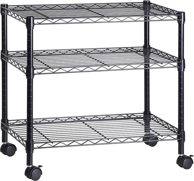 Honey-Can-Do 3-Tier Media Shelf Organizer with Adjustable Shelves, Black Steel Wire Shelving, Storage Rack with Smooth Rolling Locking Casters