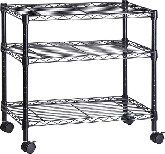 Honey-Can-Do 3-Tier Media Shelf Organizer with Adjustable Shelves, Black Steel Wire Shelving, Storage Rack with Smooth Rolling Locking Casters