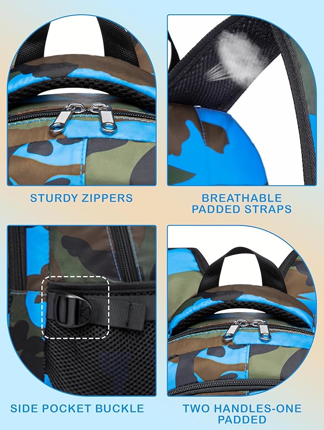 BLUEFAIRY Kids Backpack with Lunch Box for Girls Boys Elementary Primary Middle School Bag with Lunch Bag Set 17 Inch Bookbag Mochilas Escolares para Niñas Niños (Camo, Sky Blue)