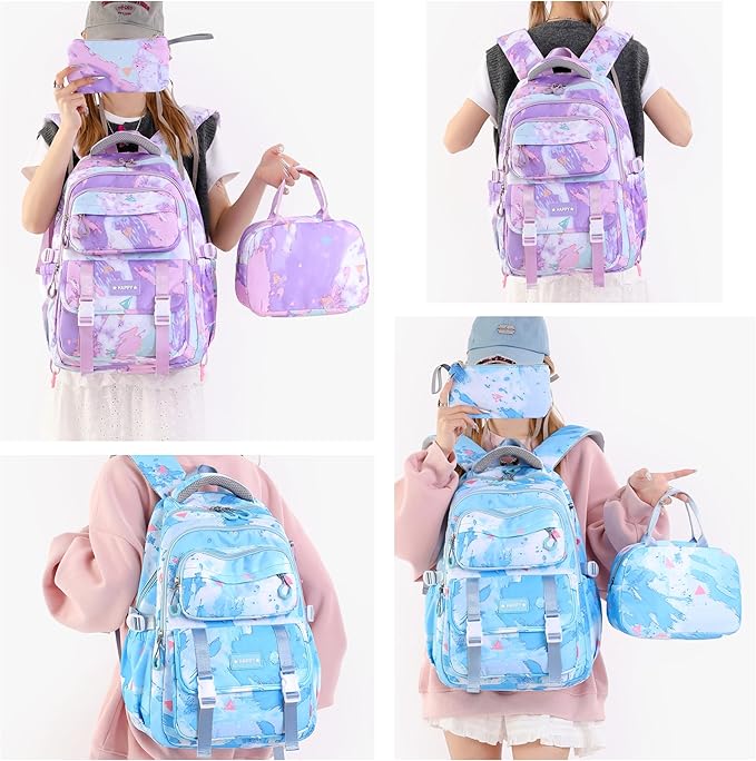 Purple Backpack for Girls Kids Backpacks with Lunch Box Elementary Middle High School Backpacks Students Bookbag Set School Bags for Teens Girls (Purple)