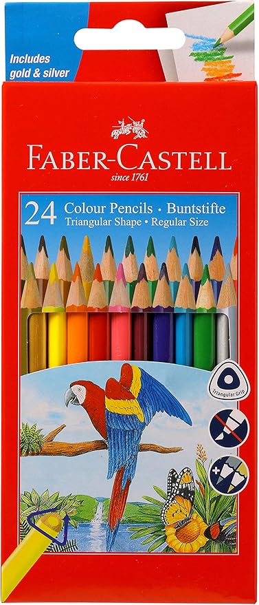 Faber Castell 24 Tri-colour Pencil Set Best Grip Includes Silver & Gold