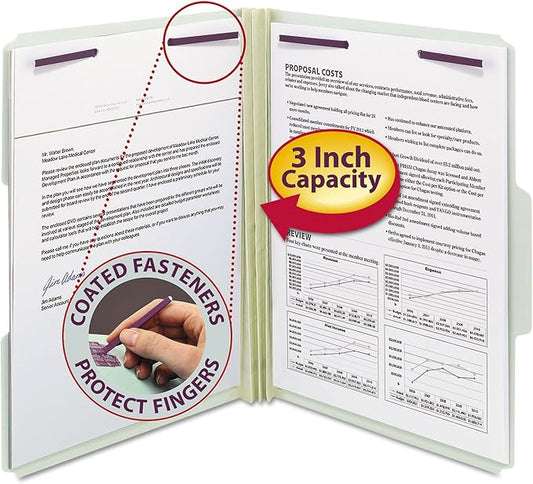 Smead Pressboard Fastener File Folder with SafeSHIELD Fasteners, 2 Fasteners, 1/3-Cut Tab, 3" Expansion, Letter Size, Gray/Green, 25 per Box (14944)