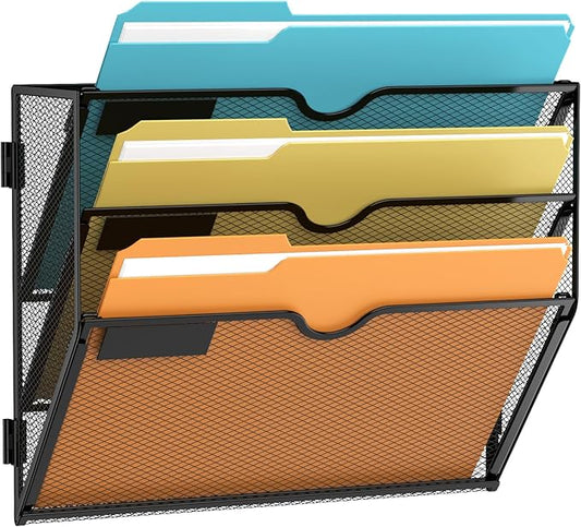 SUPEASY Wall File Organizer Mesh Office Mail Holder, Hanging Wall Organizer Magazine Rack for Office Black, 3 Tier
