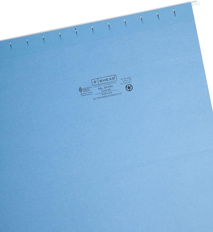 Smead Hanging File Folder with Tab, 1/5-Cut Adjustable Tab, Legal Size, Blue, 25 per Box (64160)