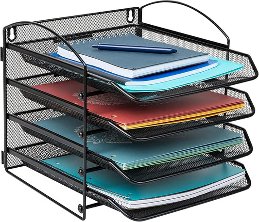 Mind Reader 4-Tier Paper Tray, File Storage, Desktop Organizer, Wall Mountable, File Organization, Metal Mesh, Black