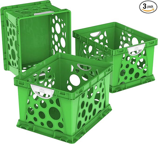 Storex Premium File Crate with Molded Handles – Letter and Legal Document and Folder Storage, Green/White, 3-Pack (61780A03C)