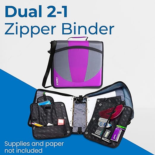 Case-it The Dual 2-in-1 Zipper Binder | Two 1.5-Inch D-Rings, 600 Sheet Capacity, Pencil Pouch & Multiple Pockets | School & Office Organizer with Shoulder Strap | Dual-101 Deep Purple
