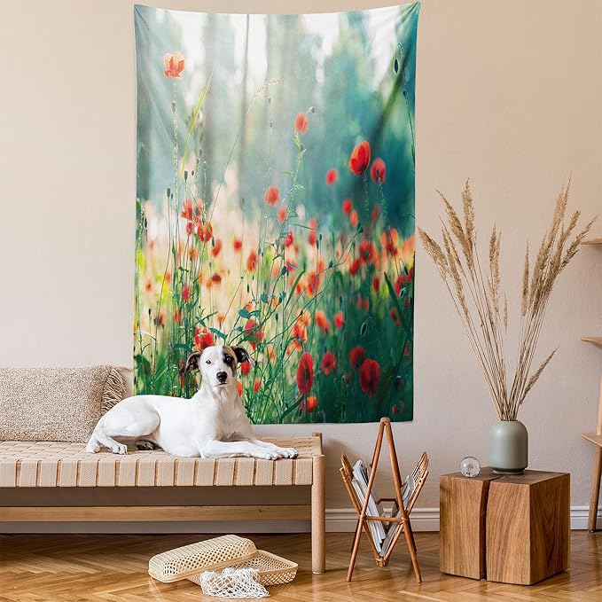 Ambesonne Nature Tapestry, Wild Red Poppy Flowers Field Summertime Sunbeams Gardening Bedding Plants, Fabric Wall Hanging Decor for Bedroom Living Room Dorm, 30" X 45", Red Green Yellow