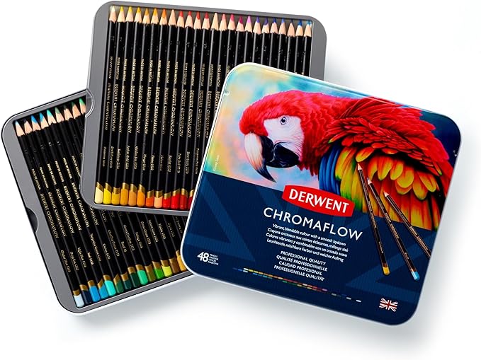 Derwent Chromaflow Colored Pencils Tin, Set of 48, Great for Holiday Gifts, 4mm Wide Core, Multicolor, Smooth Texture, Art Supplies for Drawing, Blending, Sketching, Professional Quality (2306013)