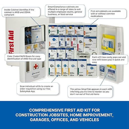 First Aid Only 90659 SmartCompliance 50-Person ANSI 2021 A and OSHA Compliant First Aid Kit for Restaurant Kitchen, Cafeteria, and Other Food Service Venues, Plastic Large First Aid Cabinet