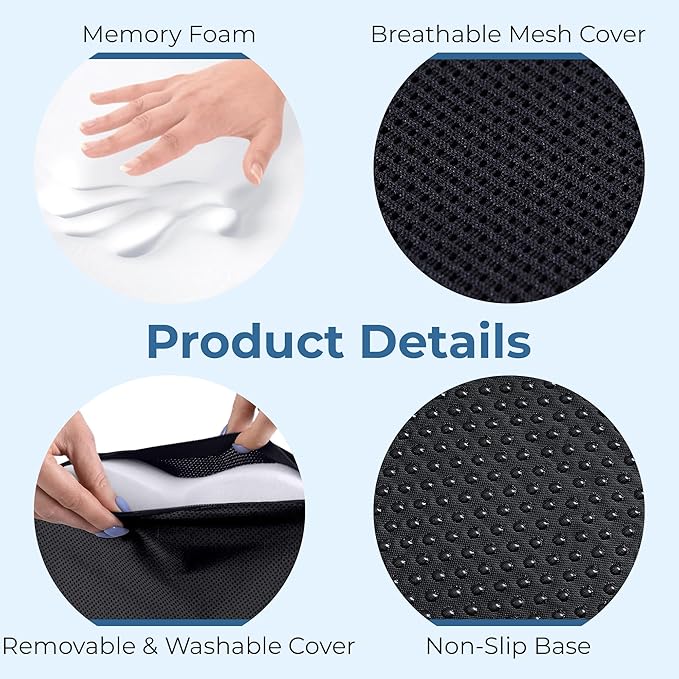 5 STARS UNITED Seat Cushion for Tailbone Pain Relief – Memory Foam Cushion for Coccyx, Hemorrhoid, Sciatica & Post-Surgery Recovery – Wheelchair, Car, Desk, Gaming & Office Chairs, Arctic Black