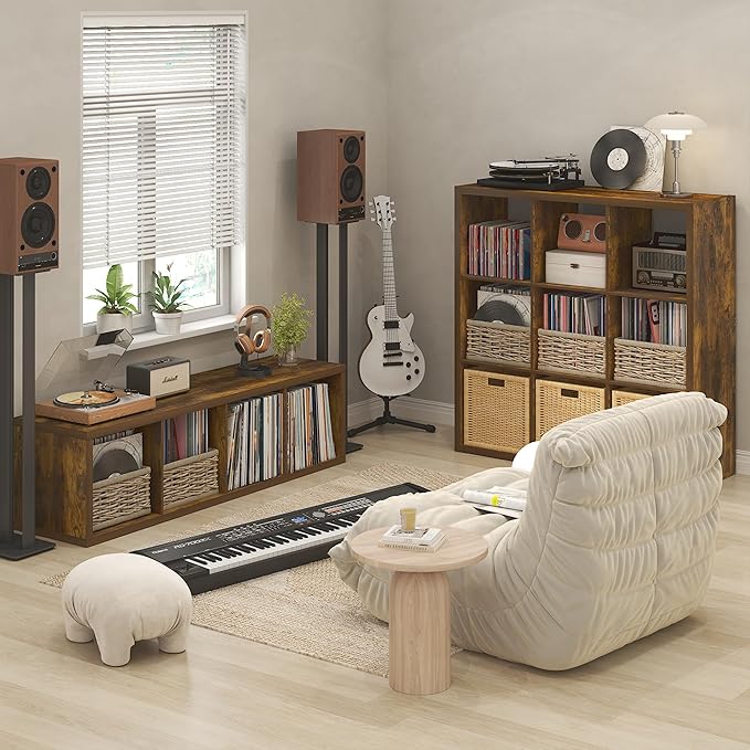 Furinno Cubicle Record Player Stand with Vinyl Storage, 4-Cube 1.2 Extra Thick Vinyl Record Storage, Open Back Media Shelf for CD DVD Blueray Game Disc, for Living Room, Home Office, Amber Pine