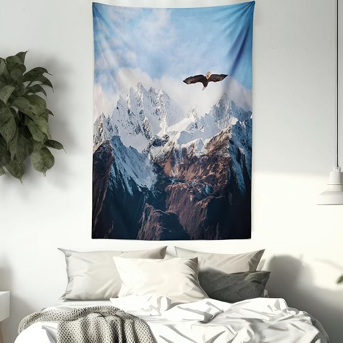 Ambesonne Mountain Tapestry Queen Size, Frozen Peaks Tops of the Mountain with a Flying Eagle Free in Nature Photo, Wall Hanging Bedspread Bed Cover Wall Decor, 88" X 88", Brown White Blue
