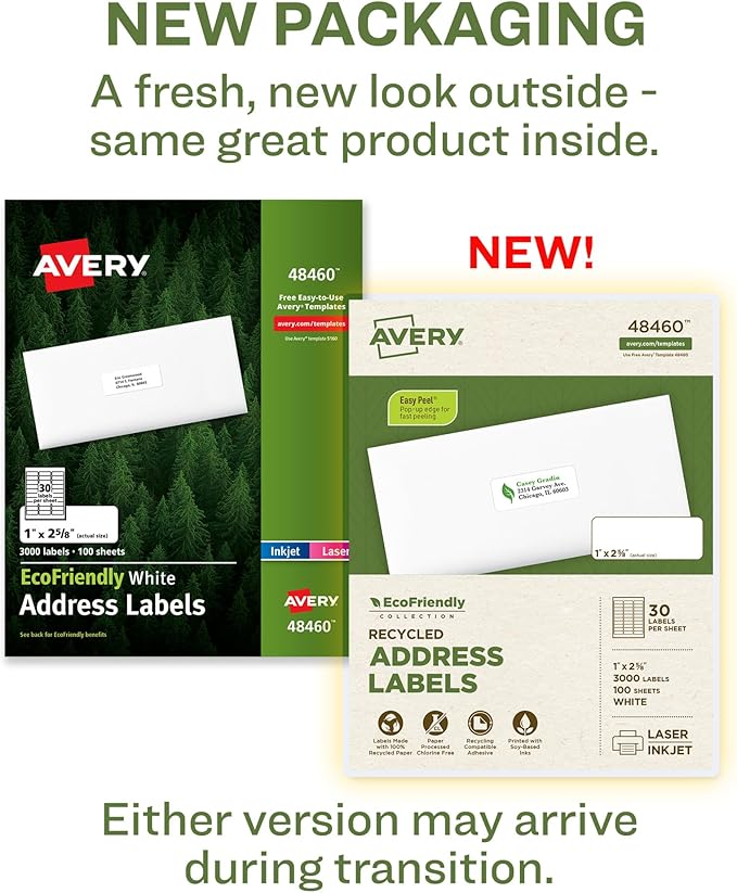 Avery EcoFriendly Recycled Address Labels, 1" x 2-5/8", White, Permanent Label Adhesive, 3,000 Printable Labels (48460)