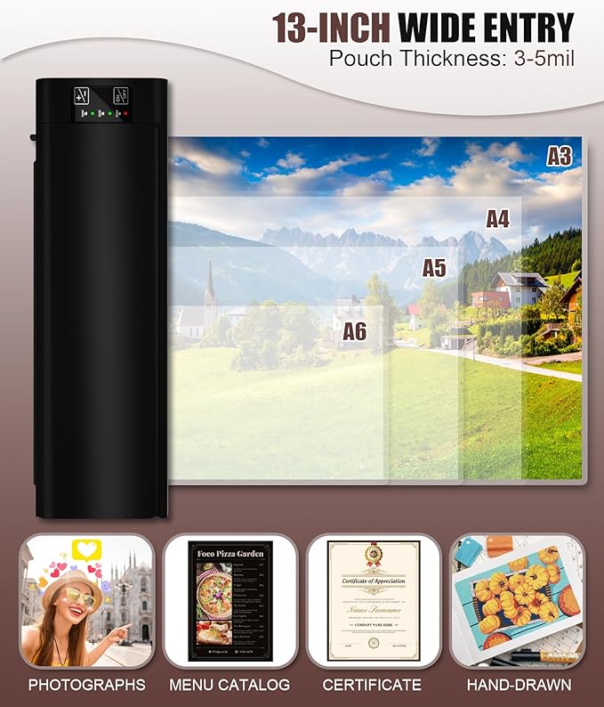 13 Inch 9-in-1 Laminator Machine, Laminator with Sheets for Hot & Cold Laminating Machine for Home, Office, or School Use, Features Fast 60-Sec Warm Technology and Never-Jam Design