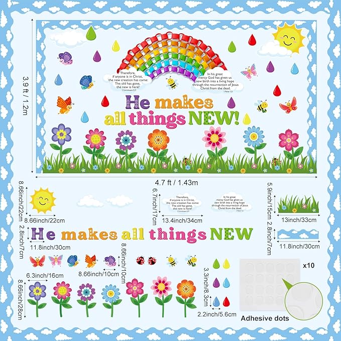 Religious Spring Bulletin Board Set Spring Rainbow Flower Classroom Decorations Christian Clouds Paper Cutouts for Door Wall Decor Easter Church Sunday School Supplies
