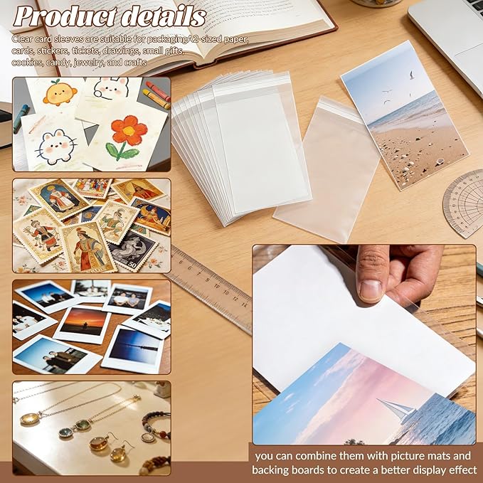 200 Pack Cellophane Bags Self Sealing, Resealable Clear Plastic Sleeves for 4 x 6 Inch Photos Recipe Cards Postcards Art Prints Paintings Cookie Candy, 4-1/2 x 6-1/2 Inch