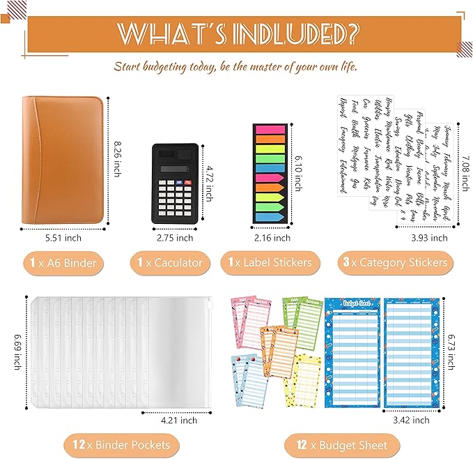 Budget Binder with Zipper Envelopes, Cash Envelopes for Budgeting, A6 PU Leather Budget Planner 2026 with Cash Envelopes Calculator, Bill Money Organizer for Cash Saving Budget System Wallet