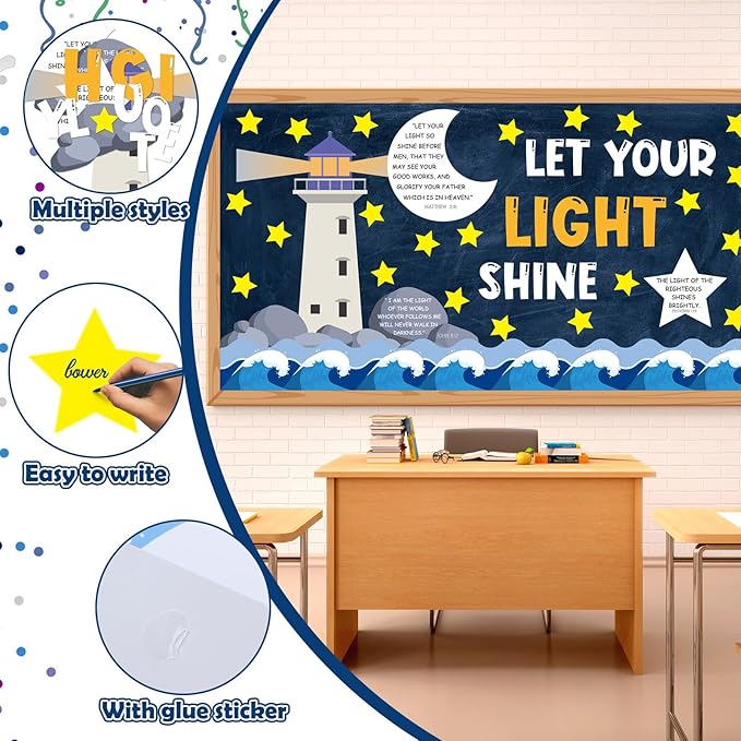 88 Pcs Let Your Light Shine Bulletin Board Set Christian Religious Bulletin Board Decoration Bible Verse Lighthouse Cutouts Christian Classroom Decor for Church Sunday School Wall