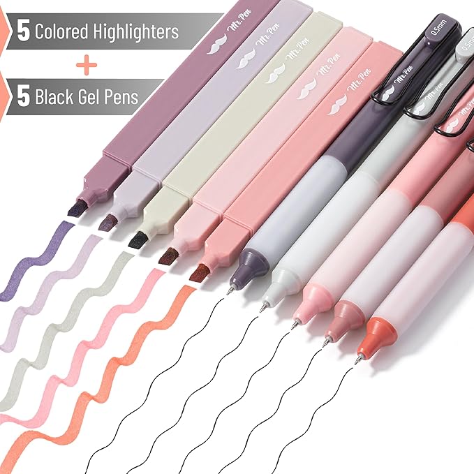 Mr. Pen- Aesthetic Highlighters and Gel Pens, 10 Pack, Pastel, Cute Highlighters Assorted Colors, Black Ink Aesthetic Gel Pens 0.5mm