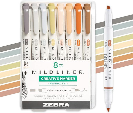 Zebra Pen Mildliner Dual-Tip Highlighter Set, Broad and Fine Tips, No Bleed, Ideal for Bible Highlighting, Journaling, School and Office Supplies, Assorted Neutral Vintage Ink Colors, 8-Pack (78208)