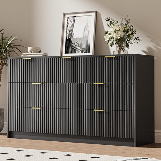 Black 7 Drawer Dresser for Bedroom, Modern Fluted Dresser with Gold Metal Handles, Wide Chest of Drawers for Bedroom, Living Room, Entryway, Hallway, 55.9" L x 15.7" D x 31.4" H