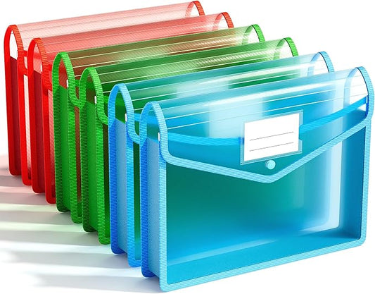 ABC life 6-Pack Plastic Expanding File Folder, Translucent Envelopes with Snap Closure, Large Capacity, Assorted Colors, Large Capacity, Fits Letter/A4 Size - RGB Color