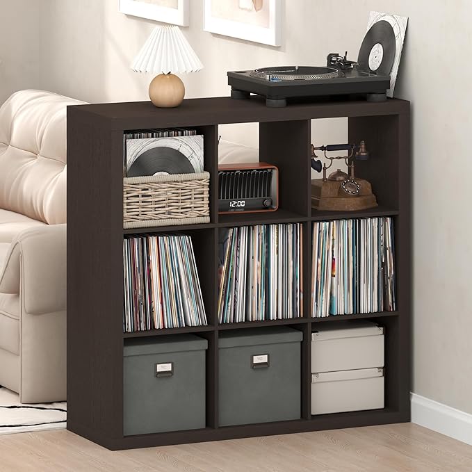 Furinno Cubicle Record Player Stand with Vinyl Storage, 9-Cube Vinyl Record Storage, 1.65" Triple Thick Open Back Media Shelf for CD DVD Blueray Game, for Living Room, Home Office, Black Dark Oak