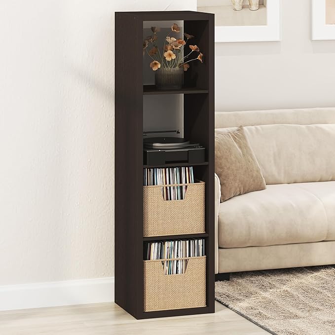 Furinno Cubicle Record Player Stand with Vinyl Storage, 4-Cube 1.2 Extra Thick Vinyl Record Storage, Open Back Media Shelf for CD DVD Blueray Game Disc, for Living Room, Home Office, Black Dark Oak