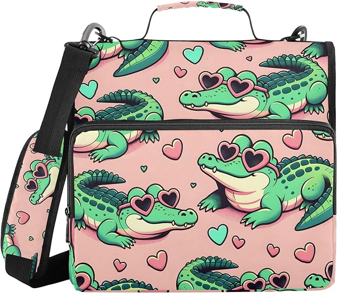 3 Ring Zipper Binder with Shoulder Strap Alligator Crocodiles Pink 1.5 inch Binders Keeper Large Capacity Multi Pockets for School Office Supplies